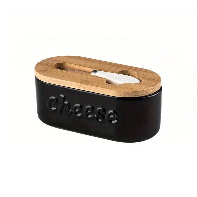 Ceramic Butter Keeper with Bamboo Lid and Knife - Black