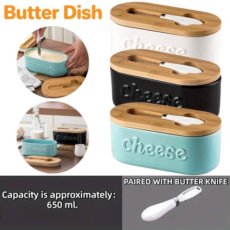 Ceramic Butter Keeper with Bamboo Lid and Knife - Black - view 2