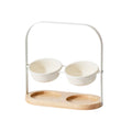 Ceramic Cat Bowl Adjustable Height Double Bowl with Oak Base - White