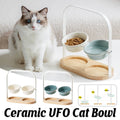 Ceramic Cat Bowl Adjustable Height Double Bowl with Oak Base - White - view 2