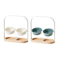 Ceramic Cat Bowl Adjustable Height Double Bowl with Oak Base - White - view 3