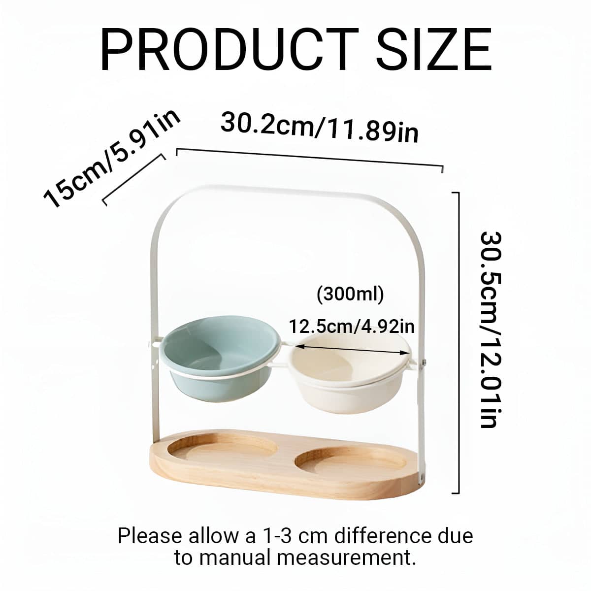 Ceramic Cat Bowl Adjustable Height Double Bowl with Oak Base - White - view 4
