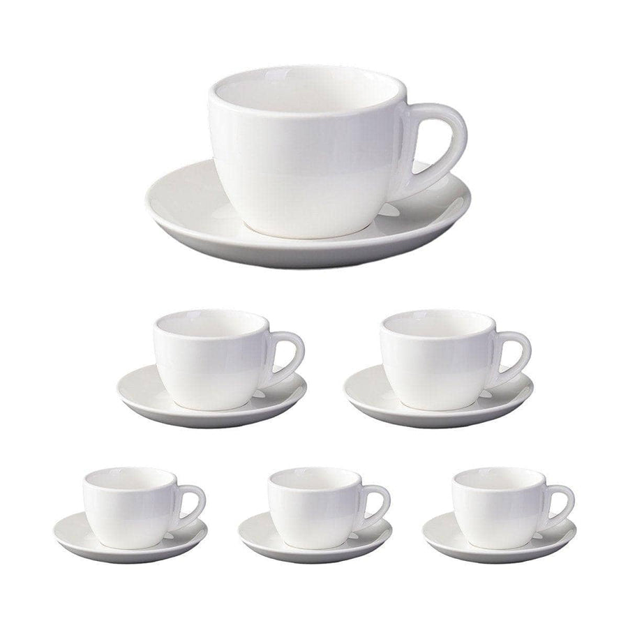 Ceramic Coffee Cup and Saucer Set, Pack of 6 for Hotels and Cafes - White, 180 ml