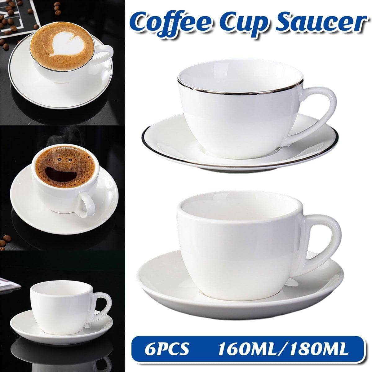 Ceramic Coffee Cup and Saucer Set, Pack of 6 for Hotels and Cafes - White, 180 ml - view 2