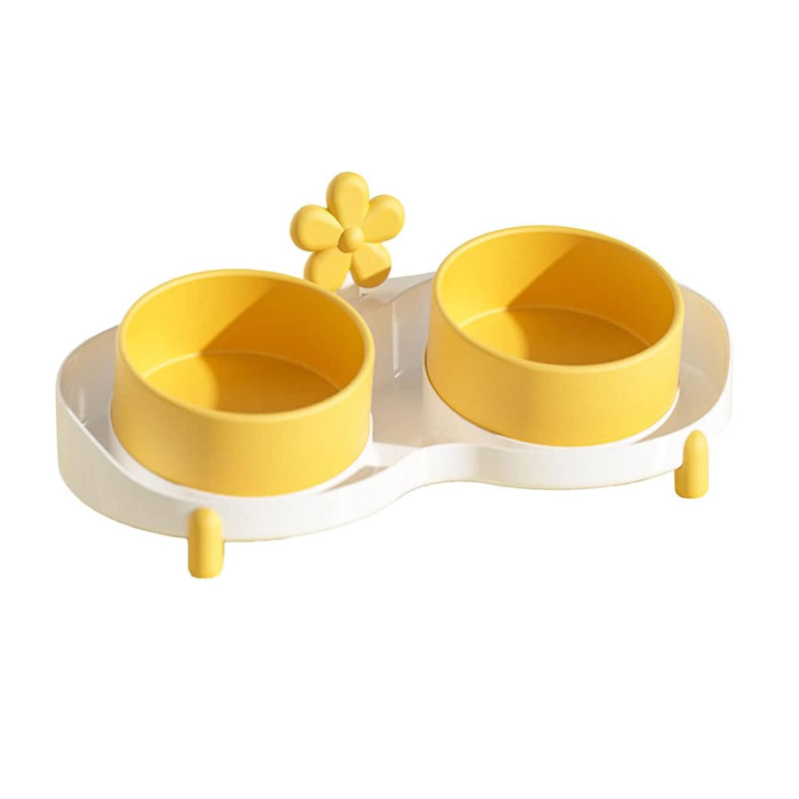 Ceramic Double Cat Bowl, 15 Degree Tilted Feeder - Yellow and White with Flower Detail