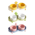 Ceramic Double Cat Bowl, 15 Degree Tilted Feeder - Yellow and White with Flower Detail - view 3