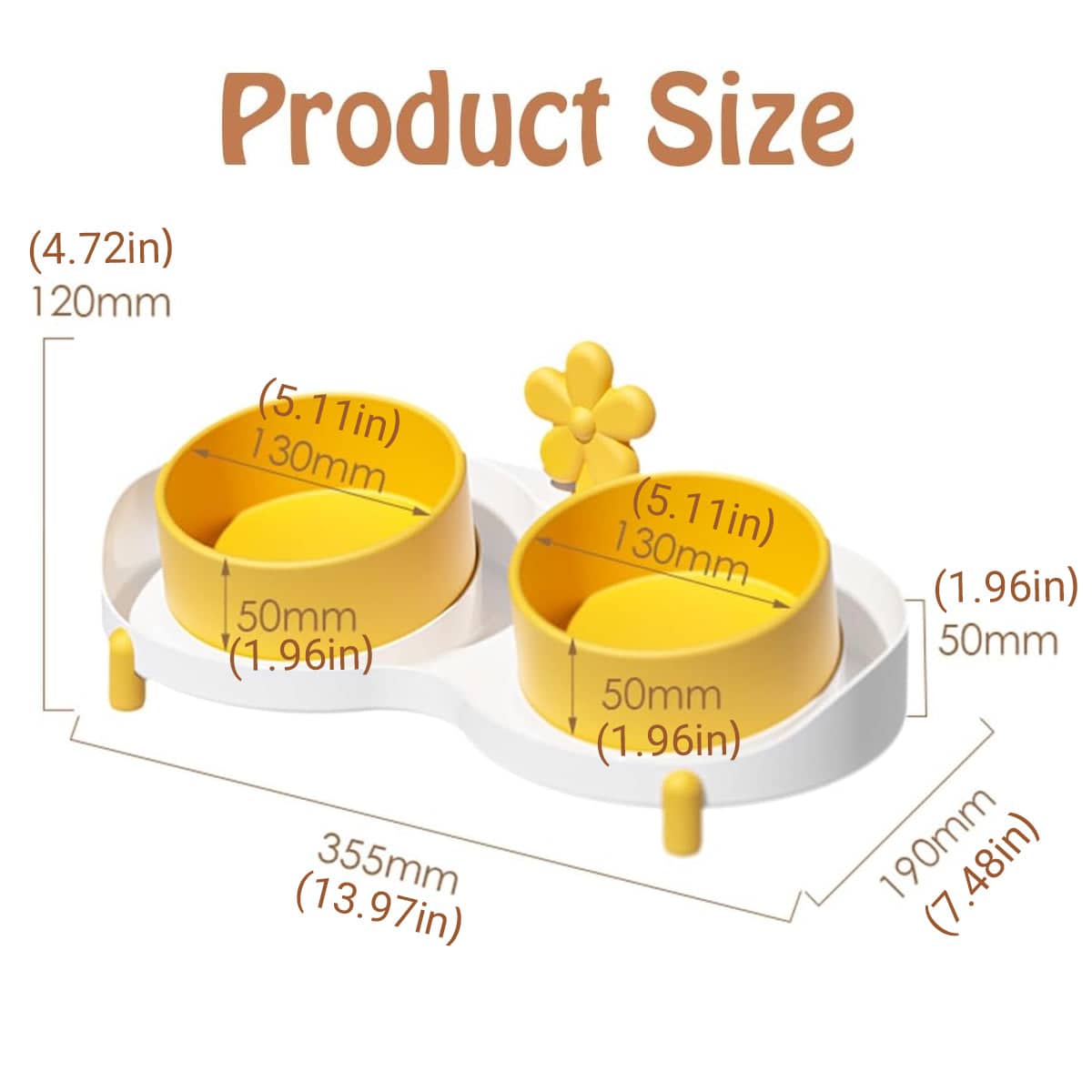 Ceramic Double Cat Bowl, 15 Degree Tilted Feeder - Yellow and White with Flower Detail - view 4