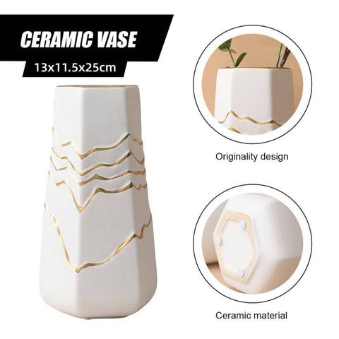 Ceramic Flower Vase with Wavy Gold Accents - White, 25 cm