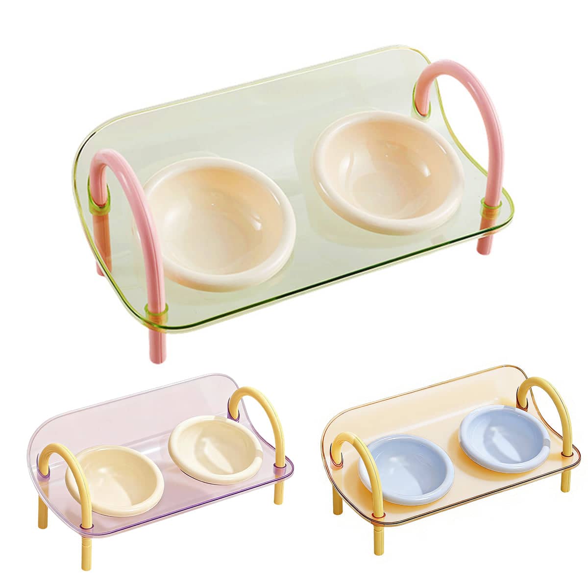 Ceramic Pet Double Bowl Stand, Adjustable Height - Green - view 3