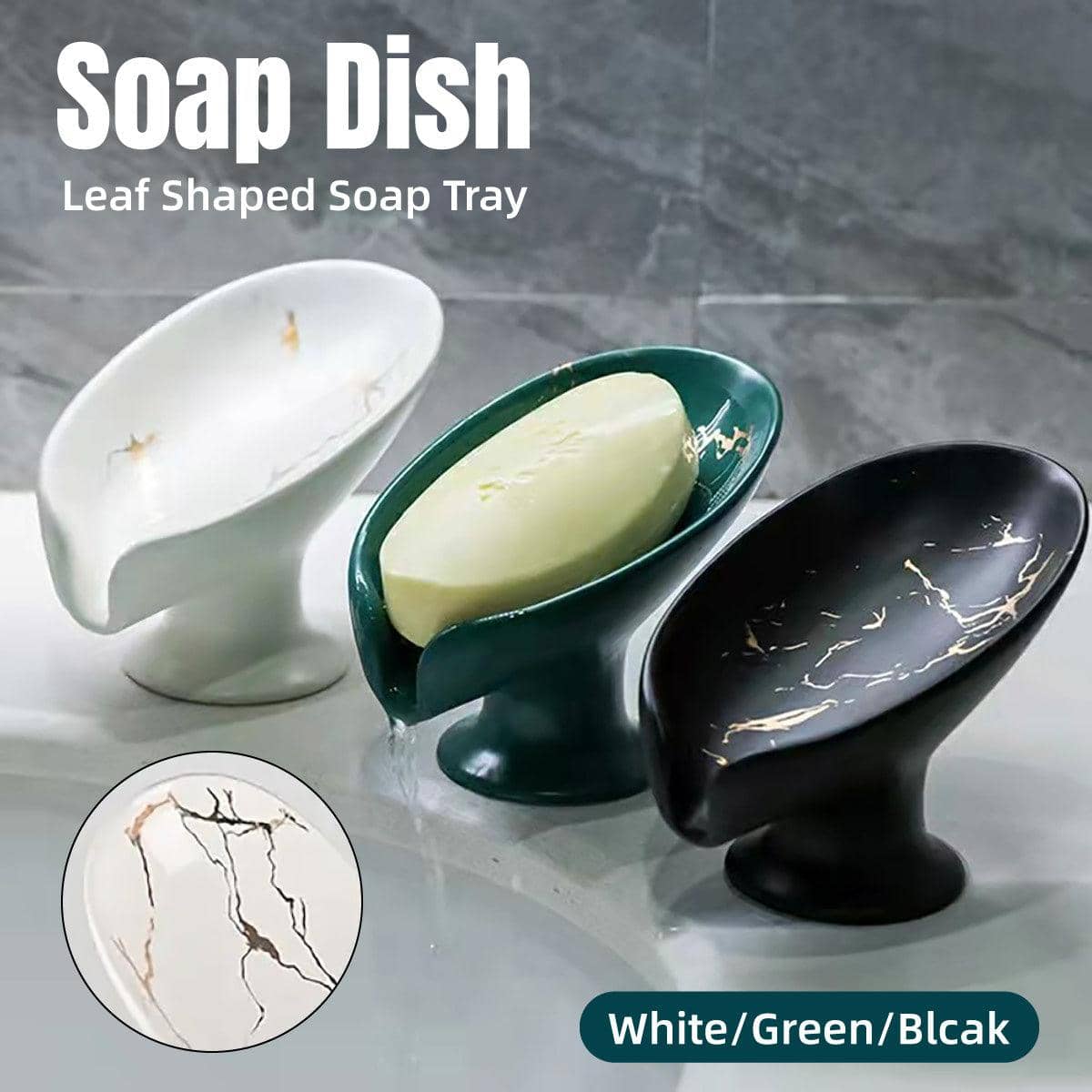 Ceramic Self-Draining Soap Dish with Marble Pattern - Black - view 2