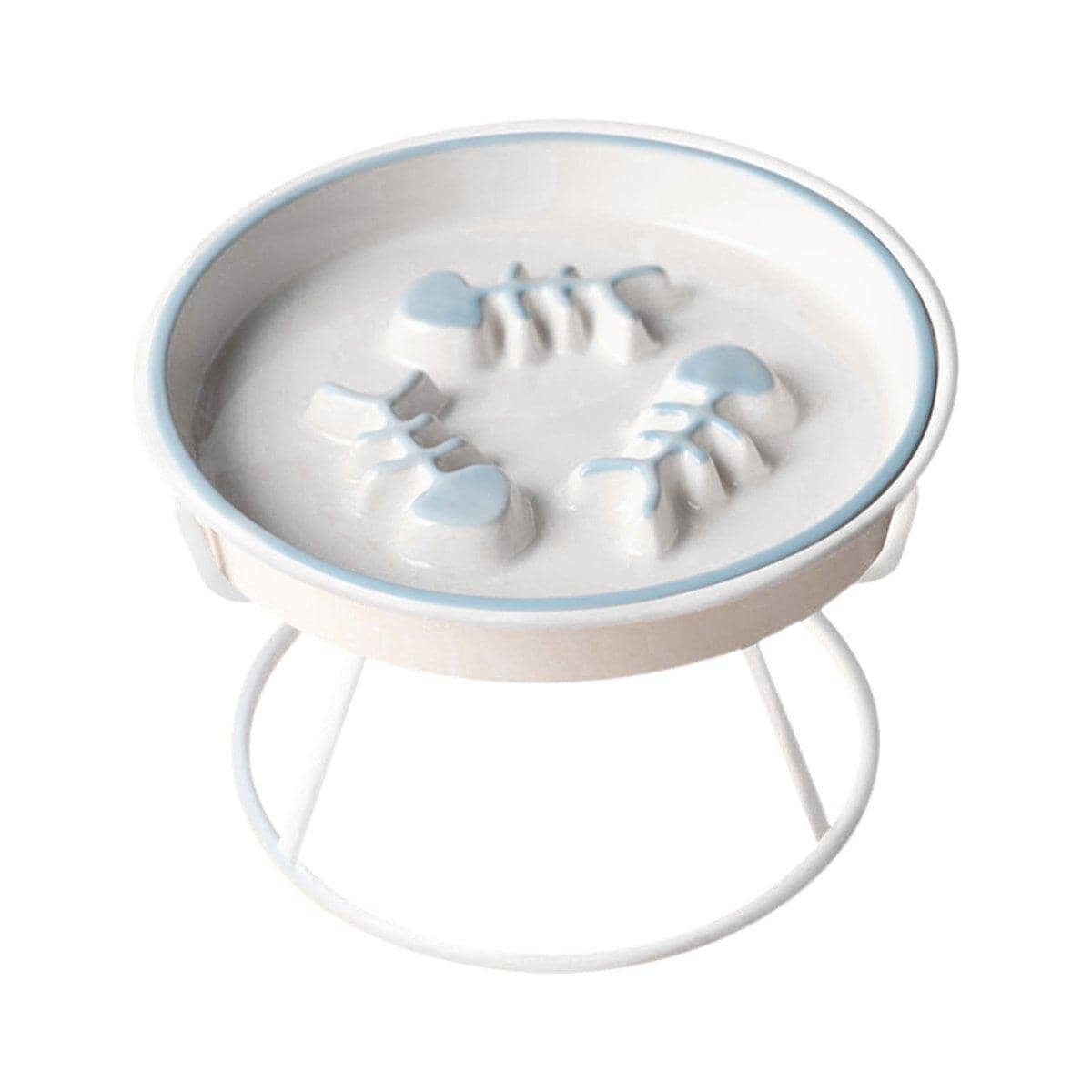 Ceramic Slow Feeder Cat Bowl with Raised Iron Stand - Light Blue and White
