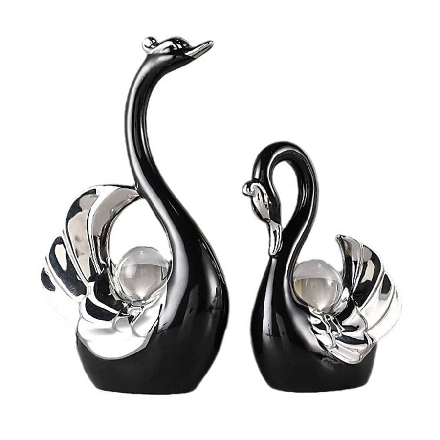 Ceramic Swan Figurine Set of 2 Tabletop Ornaments - Black