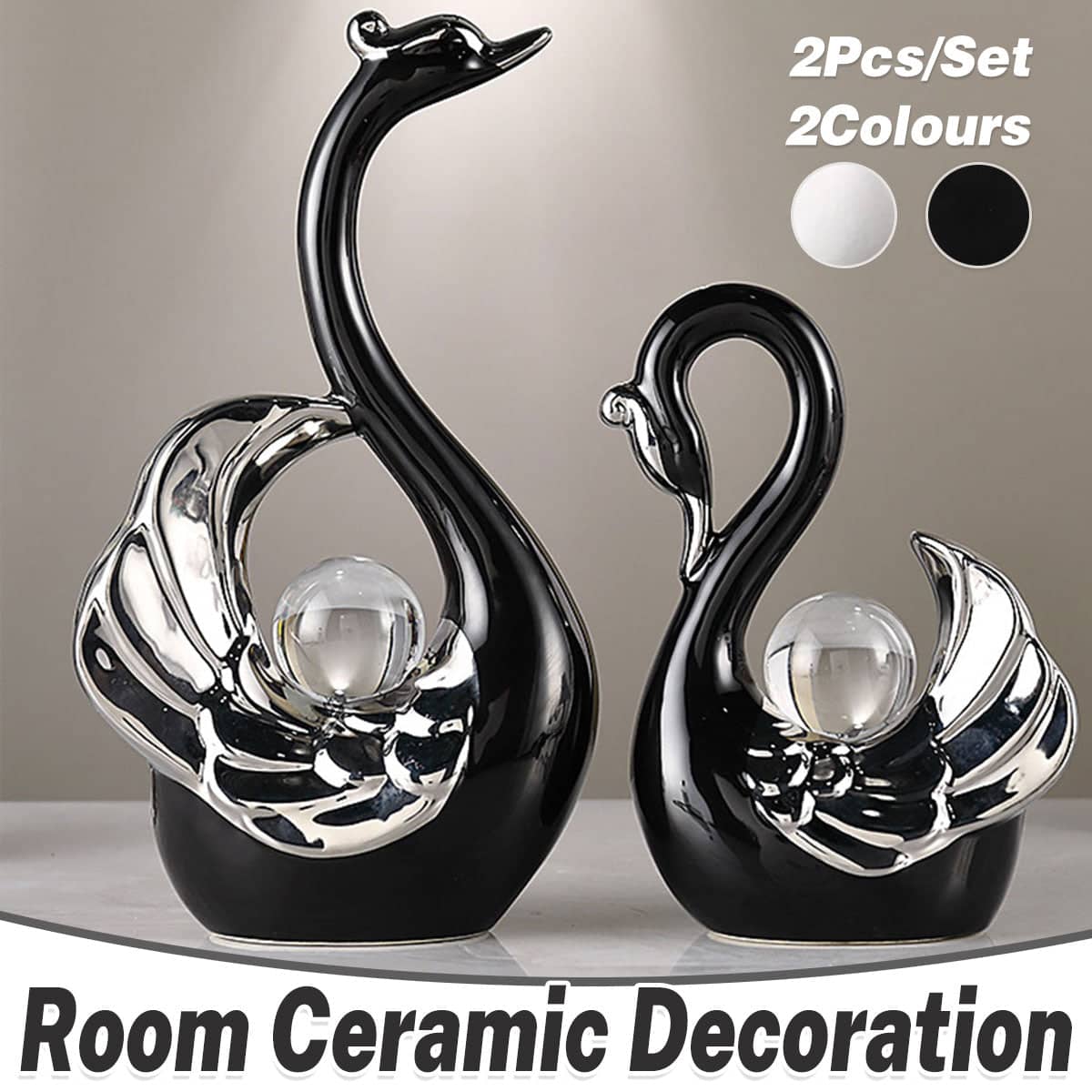 Ceramic Swan Figurine Set of 2 Tabletop Ornaments - Black - view 2