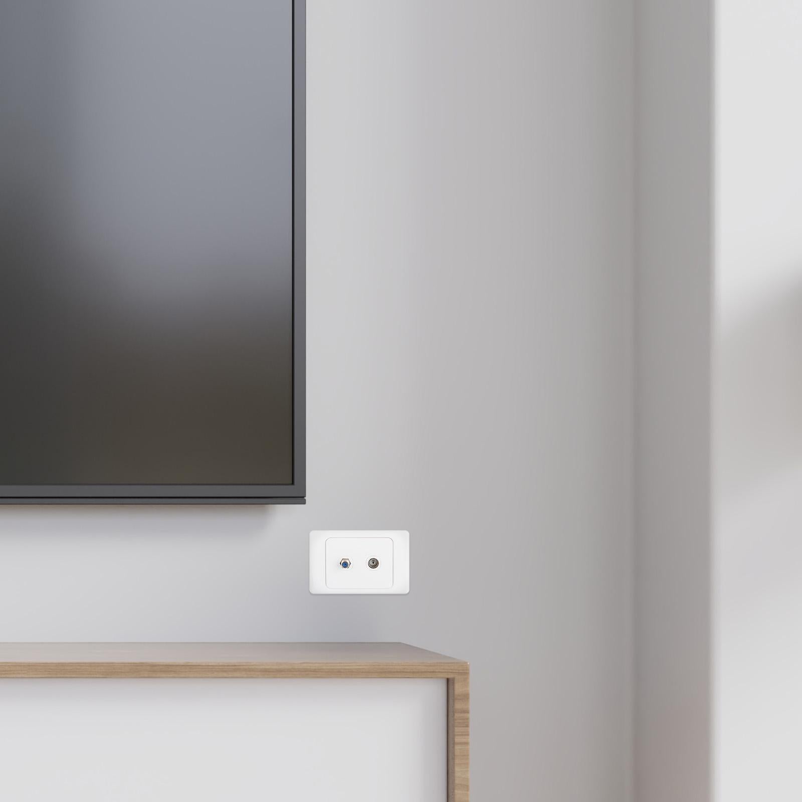 DETA PAL and F-Connector Outlet - White Polycarbonate Nickel Plated TV Wall Plate
