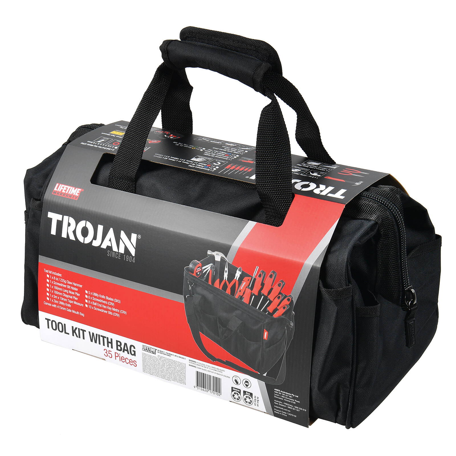 Trojan 35 Piece Tool Kit with Storage Bag, Claw Hammer, Pliers, Screwdriver Bits and Utility Knife