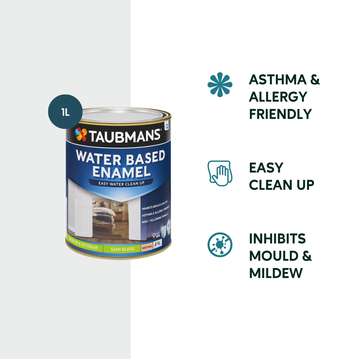 Taubmans 1L Neutral Semi Gloss Water Based Enamel Paint - Low VOC - Mould Resistant - SuperSaverAU - view 2
