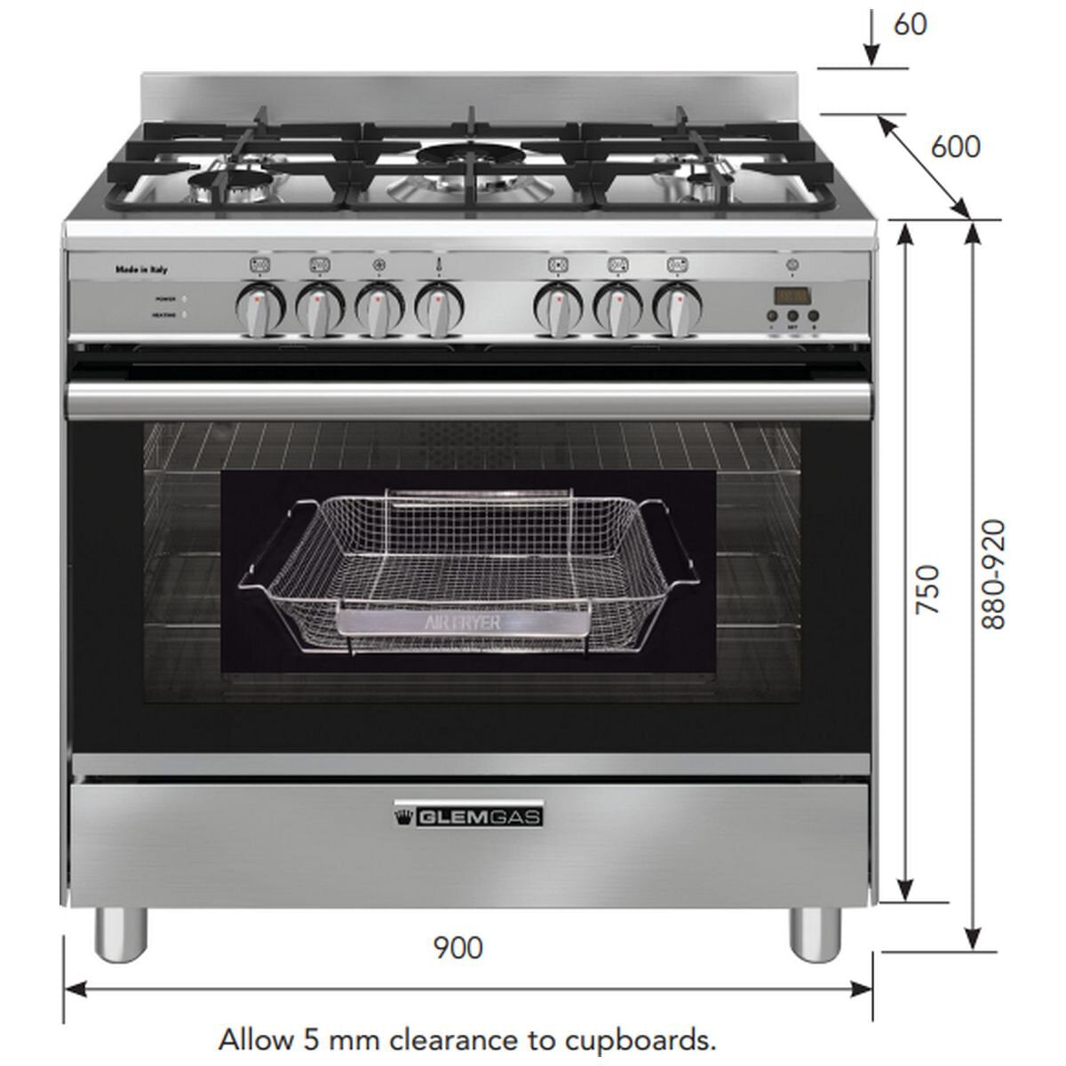 Glem Gas 90cm Freestanding Oven 140L - Stainless Steel, Wok Burner, Air Fry Basket - GA965GG