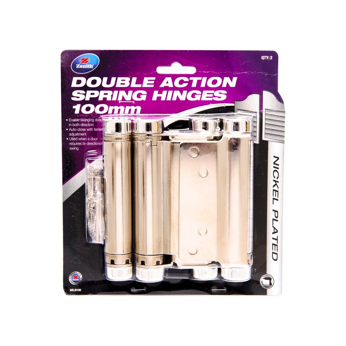 Zenith Double Action Spring Hinge 100 x 107 x 2mm Nickel Plated 2 Pack - SuperSaverAU - view 1