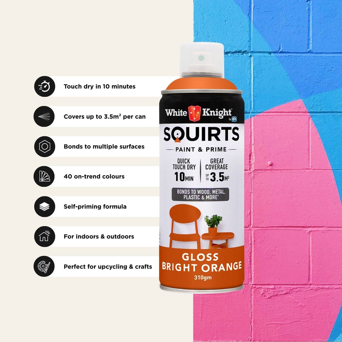 White Knight Squirts Bright Orange Gloss Spray Paint 310g Durable Finish - SuperSaverAU - view 5