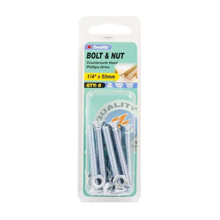 Zenith Countersunk Bolt & Nut - 1/4 x 50mm - Zinc Plated - Flush Finish - 8 Pack - SuperSaverAU - view 1