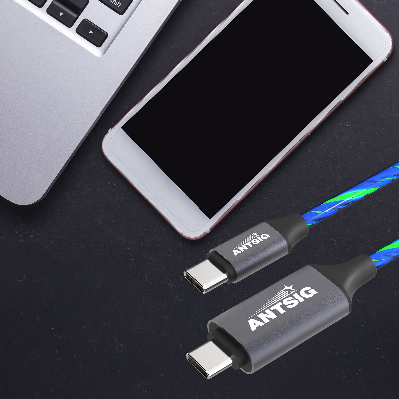 Antsig 1m USB-C to USB-C Light-Up Charging Cable - Blue, AP203