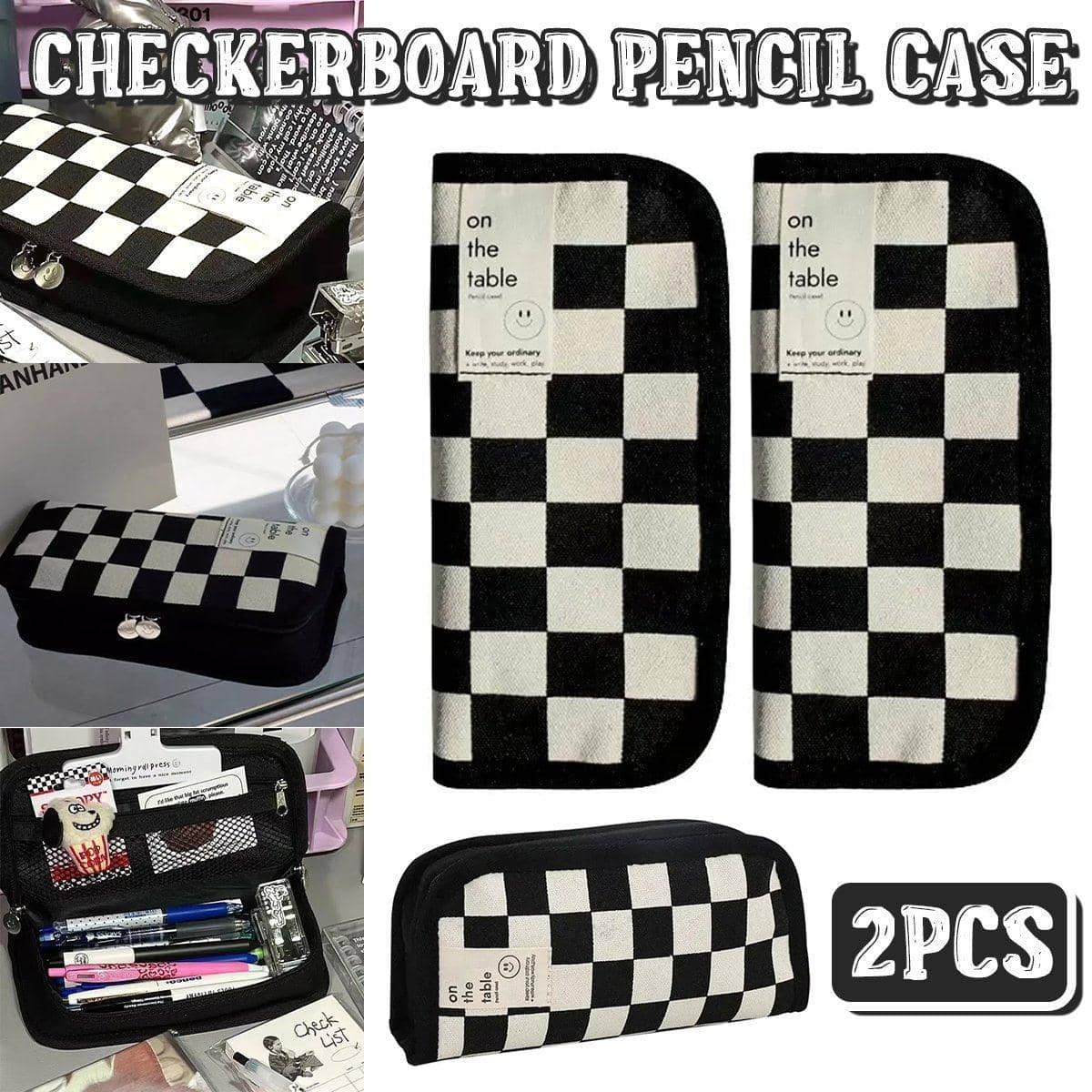 Checkerboard Canvas Pencil Case, Set of 2 - Black and White