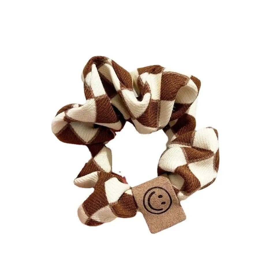 Checkerboard Plaid Elastic Hair Ring, Cloth Hair Tie - Brown