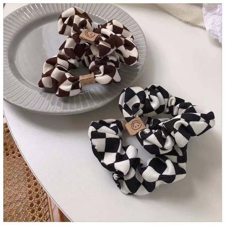 Checkerboard Plaid Elastic Hair Ring, Cloth Hair Tie - Brown - view 3