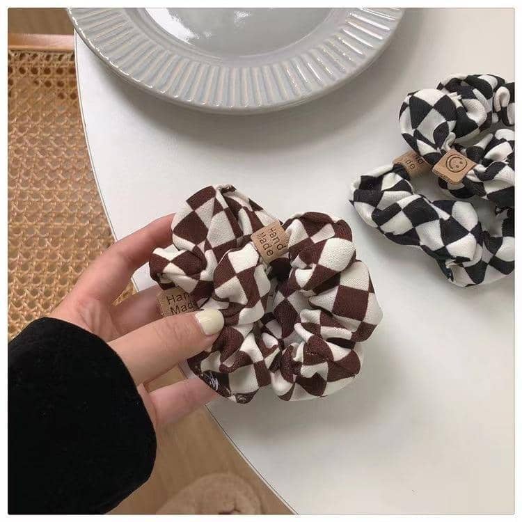 Checkerboard Plaid Elastic Hair Ring, Cloth Hair Tie - Brown - view 5