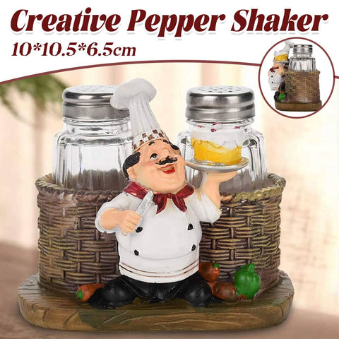Chef Resin Pepper Shaker Holder Ornament with Two Glass Bottles for Kitchen Decor