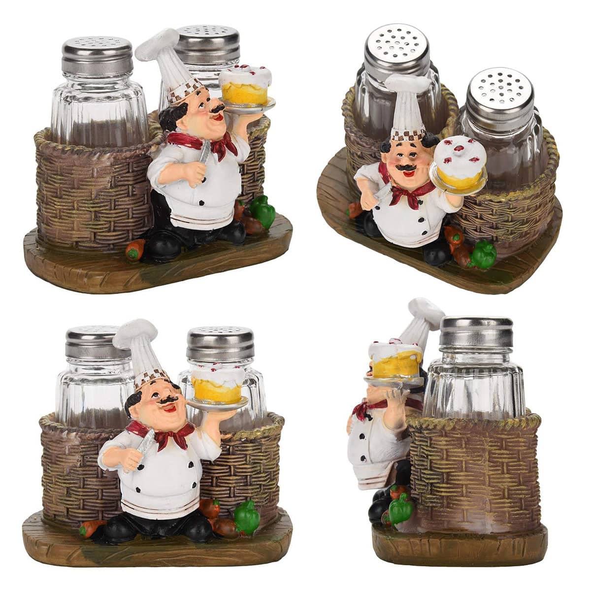 Chef Resin Pepper Shaker Holder Ornament with Two Glass Bottles for Kitchen Decor - view 4