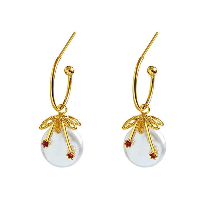 Cherry Pearl-Style Drop Earrings for Women - Gold-Tone Hoops with Red Stones