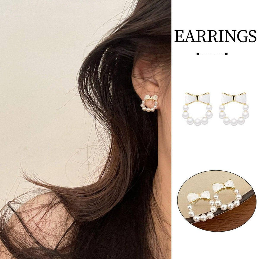 Chic Dainty Bow Earrings for Women, Round Imitation Pearl