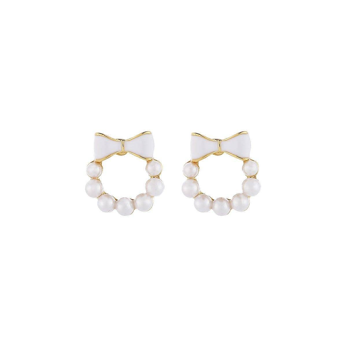 Chic Dainty Bow Earrings for Women, Round Imitation Pearl - view 2