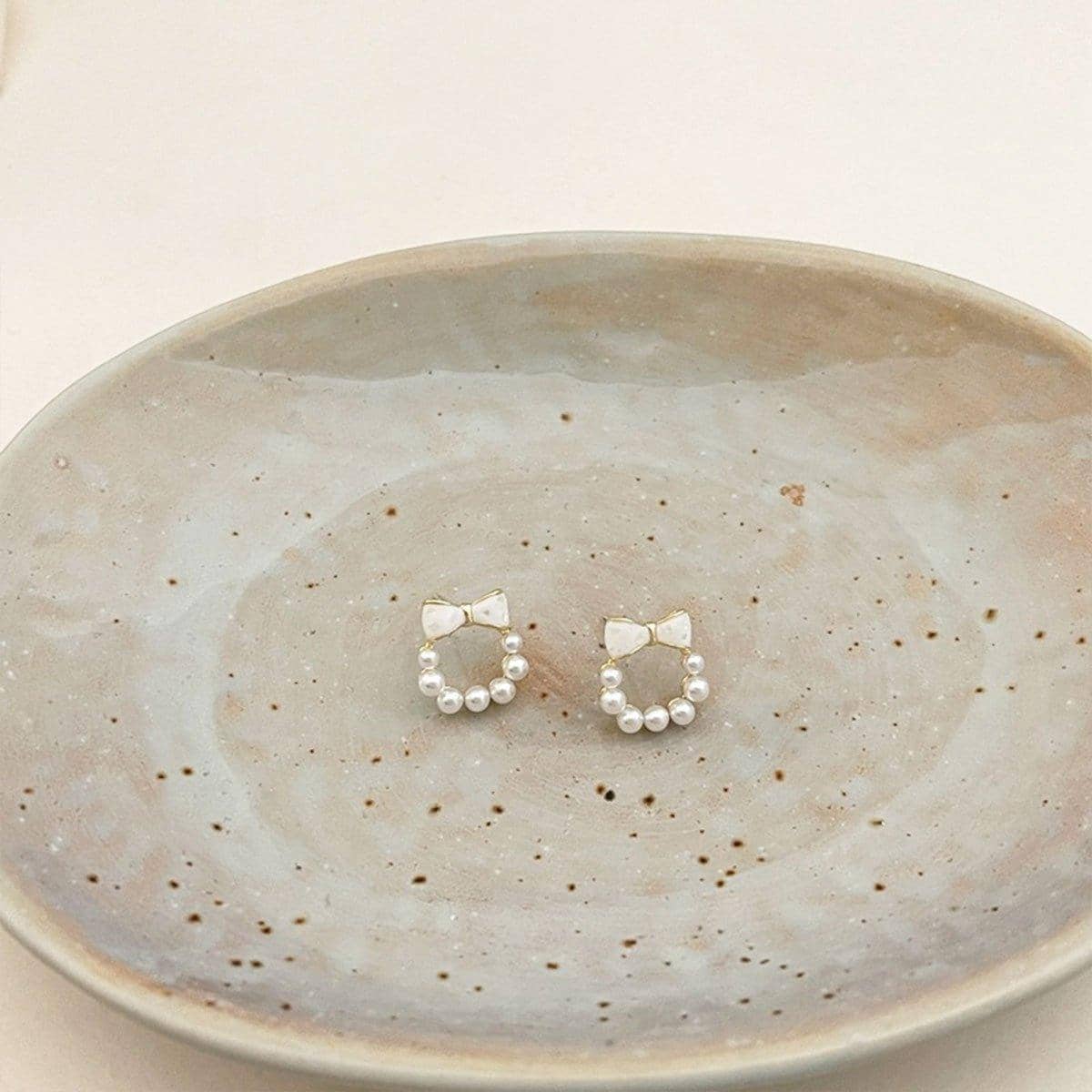 Chic Dainty Bow Earrings for Women, Round Imitation Pearl - view 4