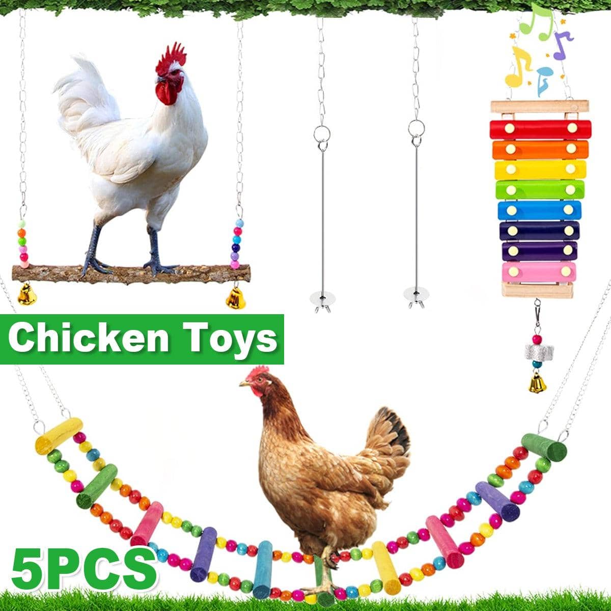 Chicken Toys Set of 5 with Climbing Ladder, Swing and Xylophone