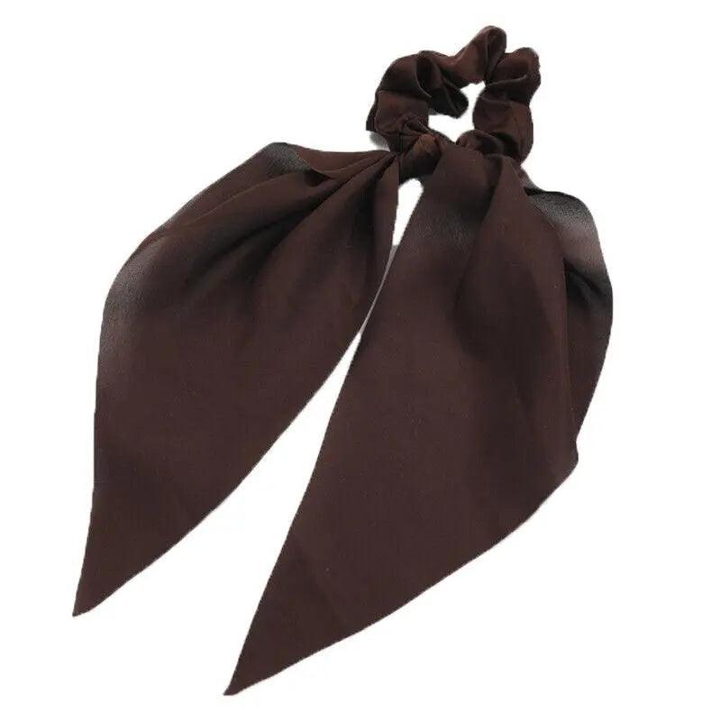 Chiffon Ponytail Scarf Bow Elastic Hair Tie Scrunchie - Coffee Brown