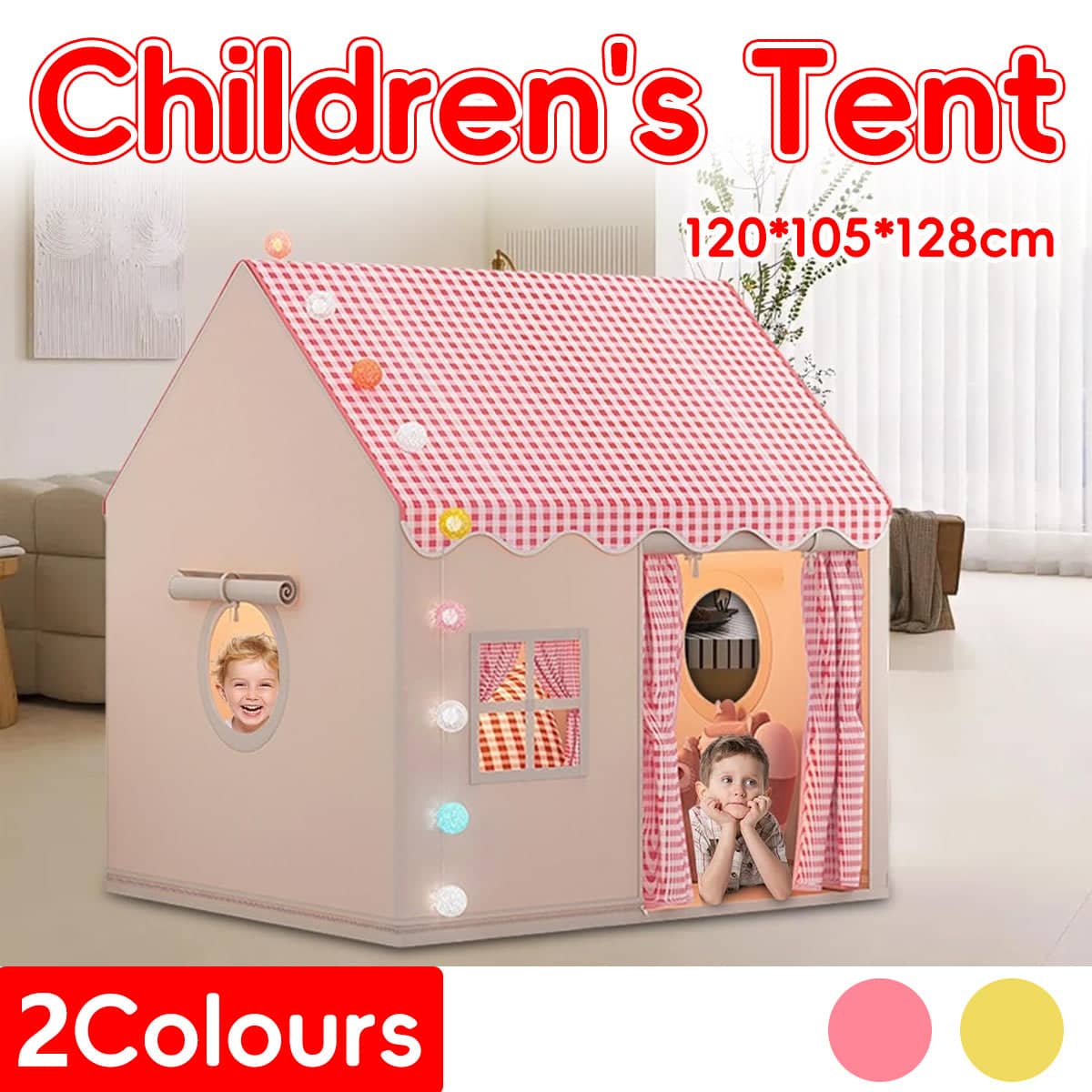 Children Indoor Play Tent House with Curtain and Windows - Red - view 2