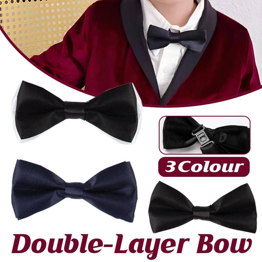 Children's Pre-Tied Double Layer Bow Tie, Glossy Finish - Black and White - view 2