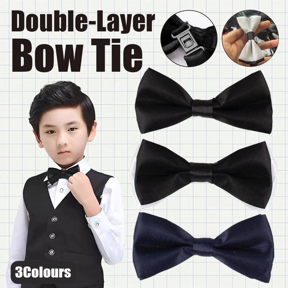 Children's Pre-Tied Double Layer Bow Tie, Glossy Finish - Black and White - view 4