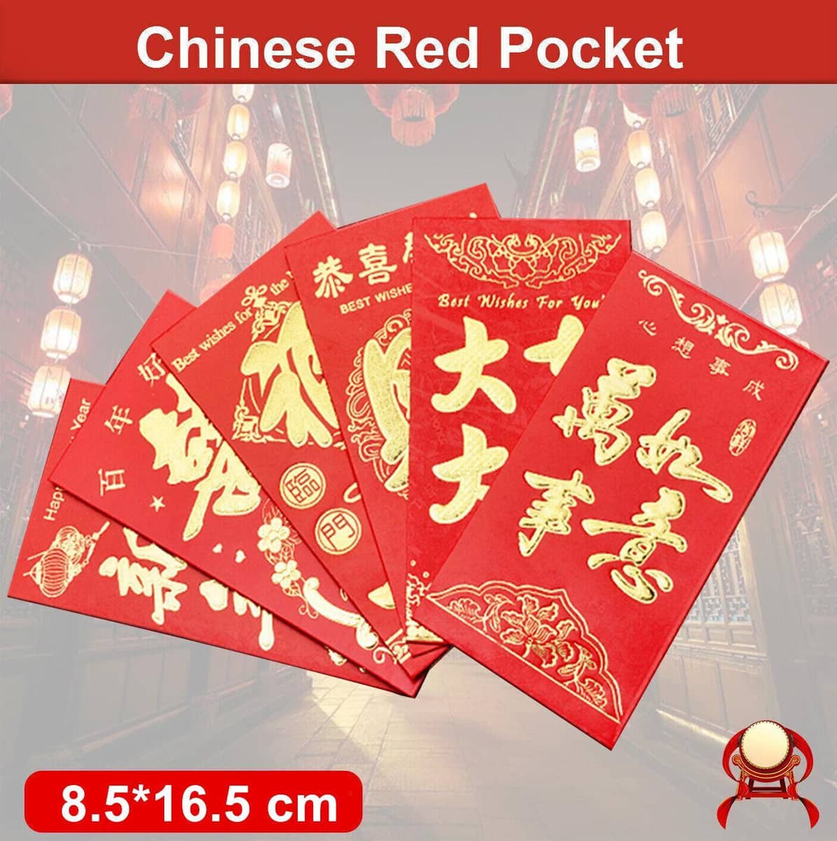 Chinese New Year Red Envelopes, Pack of 6 - Gold Koi Fish and Characters - view 2