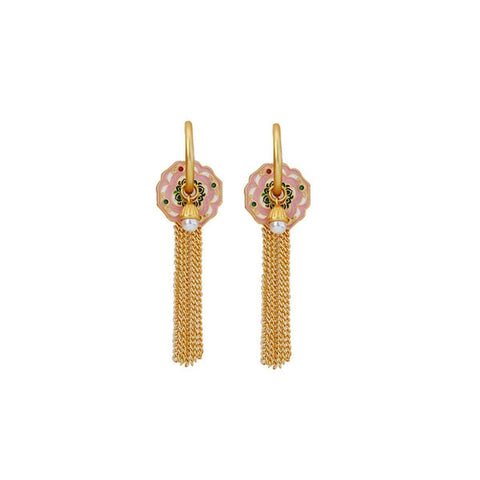 Chinese Style Flower Tassel Earrings with Pearl Drop - Gold and Pink