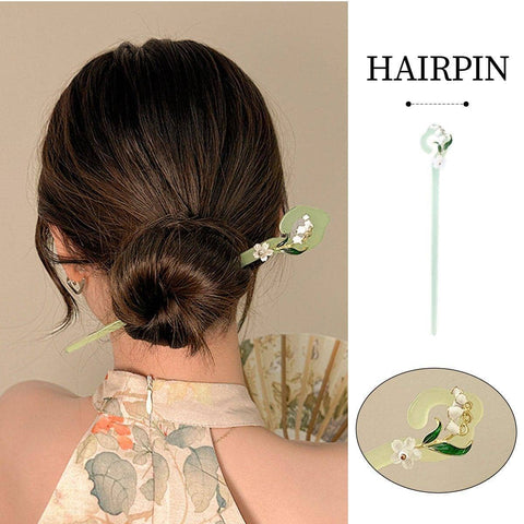 Chinese Style Green Hairpin with White Flower Design for Hanfu