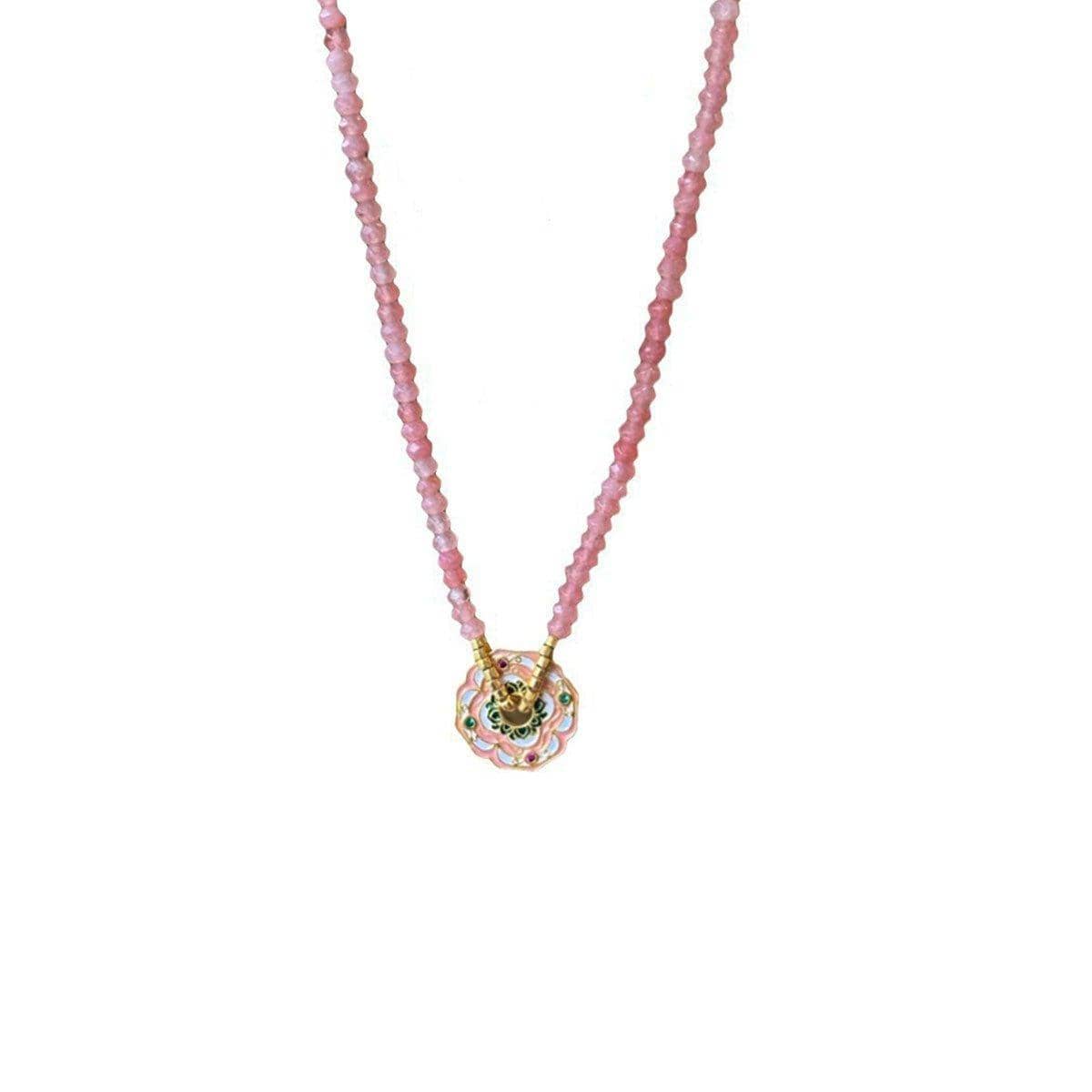 Chinese Style Pink Beaded Necklace - Flower Pendant