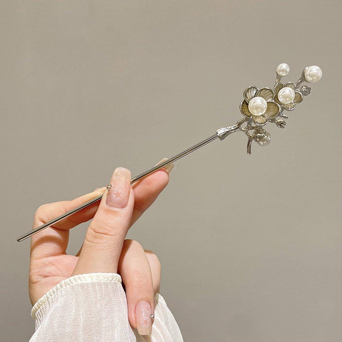 Chinese Style Plum Blossom Hairpin with Imitation Pearl Fringe - view 5