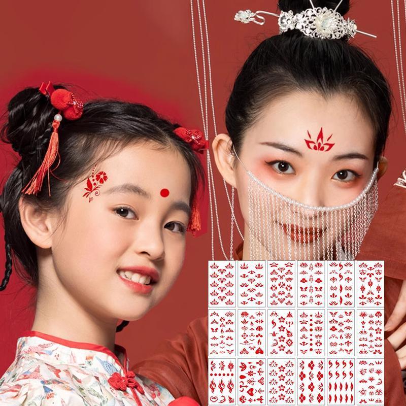 Chinese Style Waterproof Forehead Stickers - Red Lotus, Flame and Dot Designs - view 2