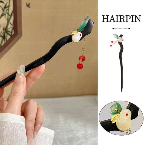 Chinese Style Wooden Hairpin with Green Leaf, White Rabbit and Red Beads