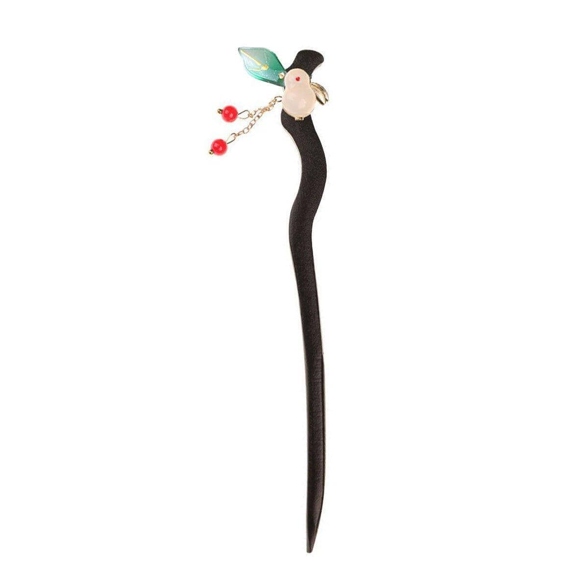Chinese Style Wooden Hairpin with Green Leaf, White Rabbit and Red Beads - view 2