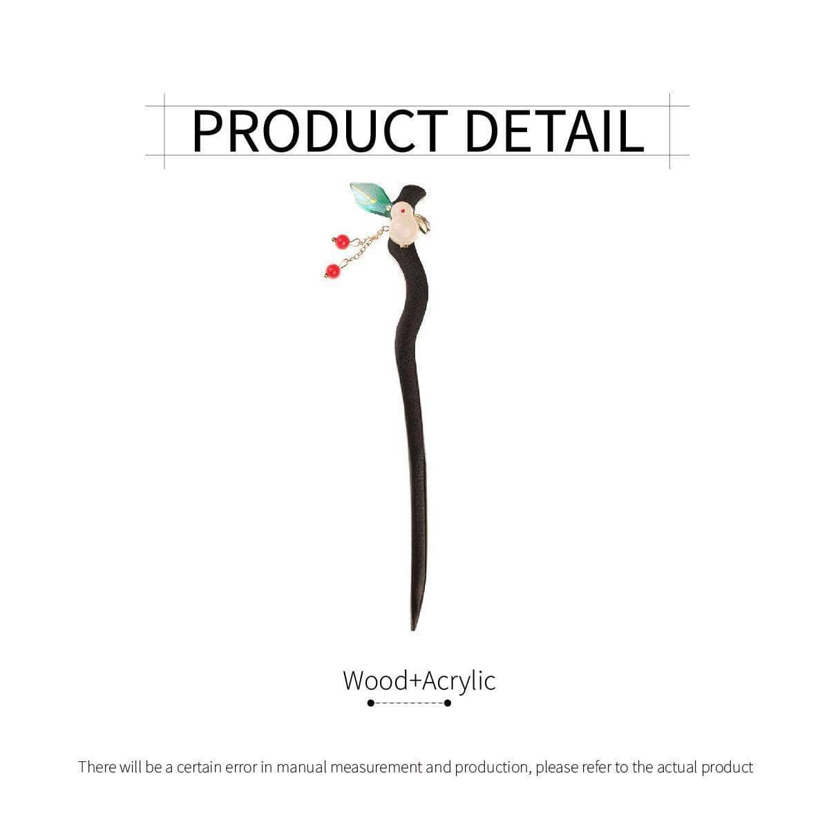 Chinese Style Wooden Hairpin with Green Leaf, White Rabbit and Red Beads - view 3