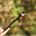 Chinese Style Wooden Hairpin with Green Leaf, White Rabbit and Red Beads - view 4